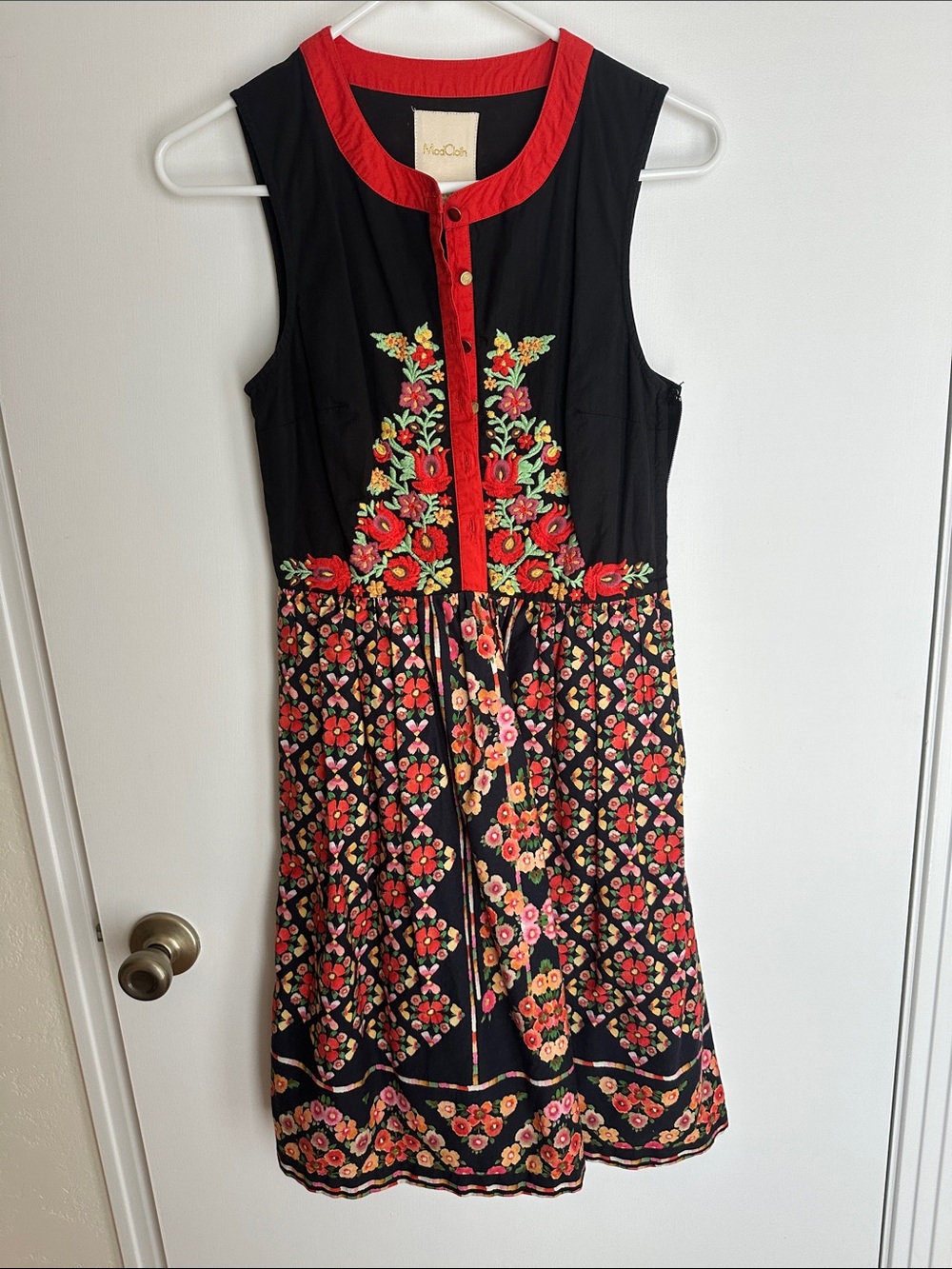 Modcloth Garden A-line Midi Dress with Red Trim and Floral Embroidery